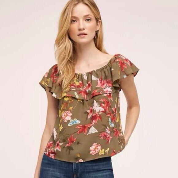 Anthropologie Maeve Vallita Off-The-Shoulder Floral Green Blouse Shirt Medium - Picture 1 of 6